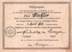 Besitzzeugnis Kriegsgedenkmünze 1914/18, 1922