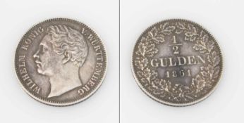 1/2 Gulden Württemberg 1861, Wilhelm, Silber, ss-vzgl.