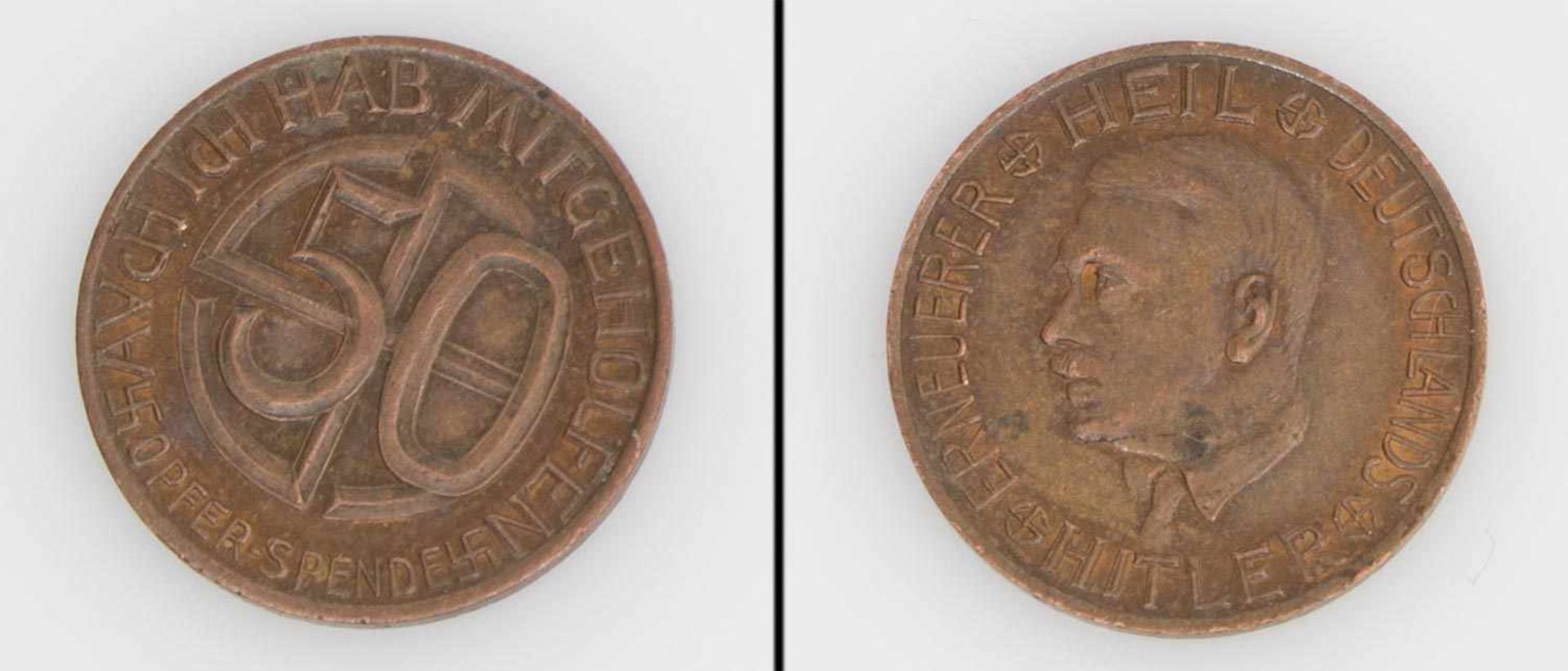 50 Pfennig Opferspende III. Reich, Bildnis Adolf Hitler, Kupfer