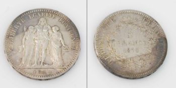 5 France Frankreich 1876, Herkulesgruppe, Silber