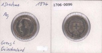1 Drachme Griechenland 1874, Georg I., Silber, vz.
