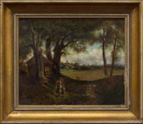 Romantiker (Ende des 19. Jh.) Landschaft mit Personenstaffage Öl/ Malpappe, 28 x 34 cm, gerahmt,