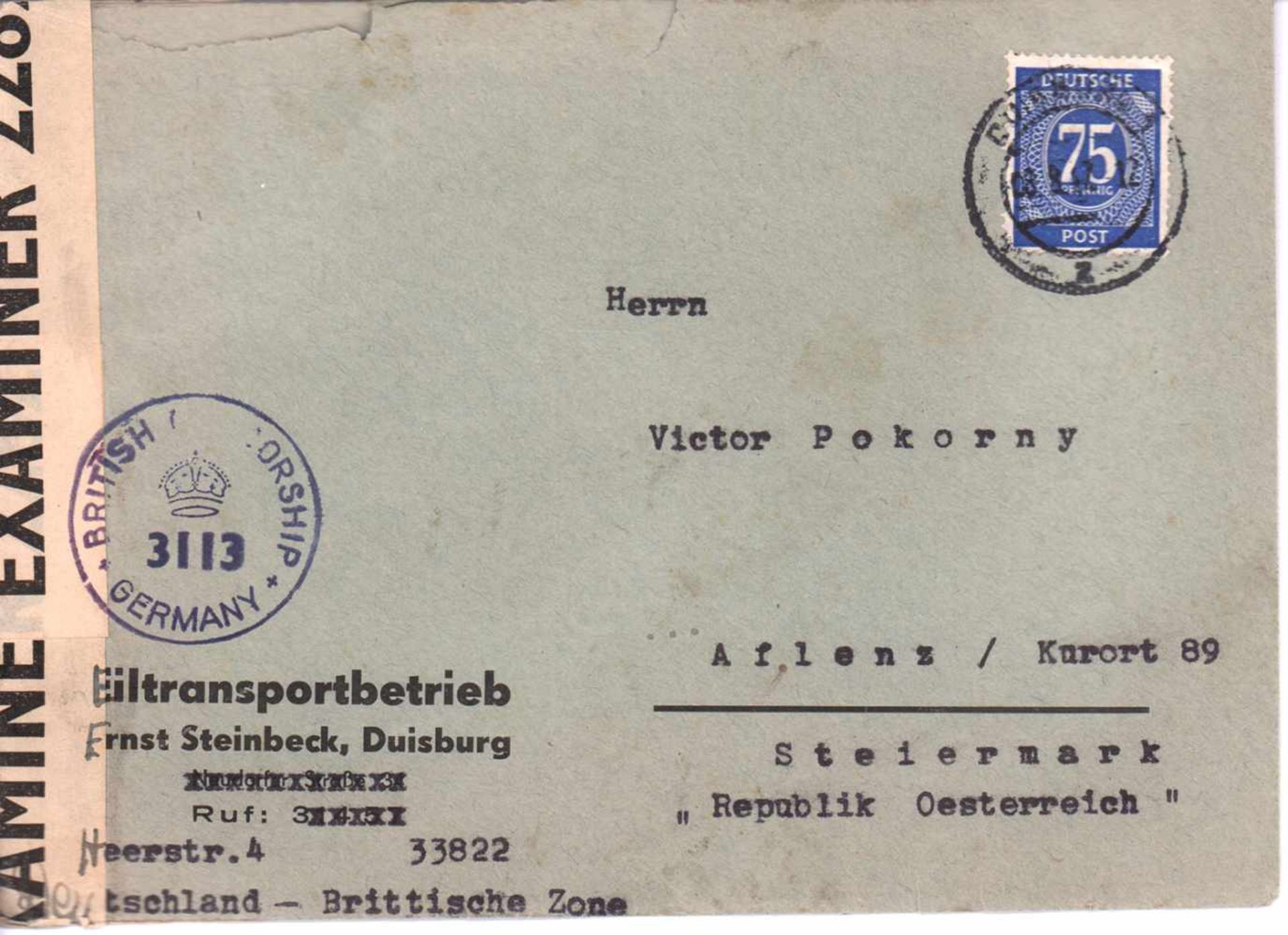 Brief Alliierte Besetzung, Michel Nr. 93, gestempelt, mit Zensurstempel d. britischen Besatzung