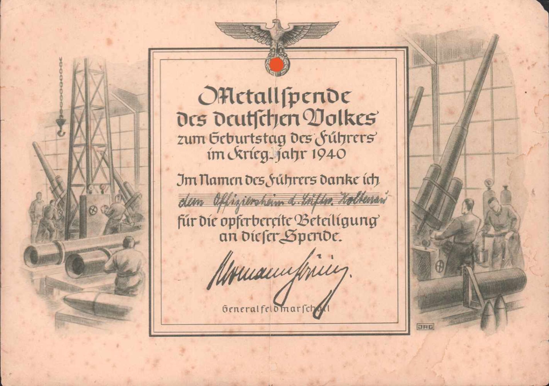 Urkunde Metallspende des Deutschen Volkes, 1940