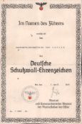 Verleihungsurkunde Deutsche Schutzwall-Ehrenzeichen 1940