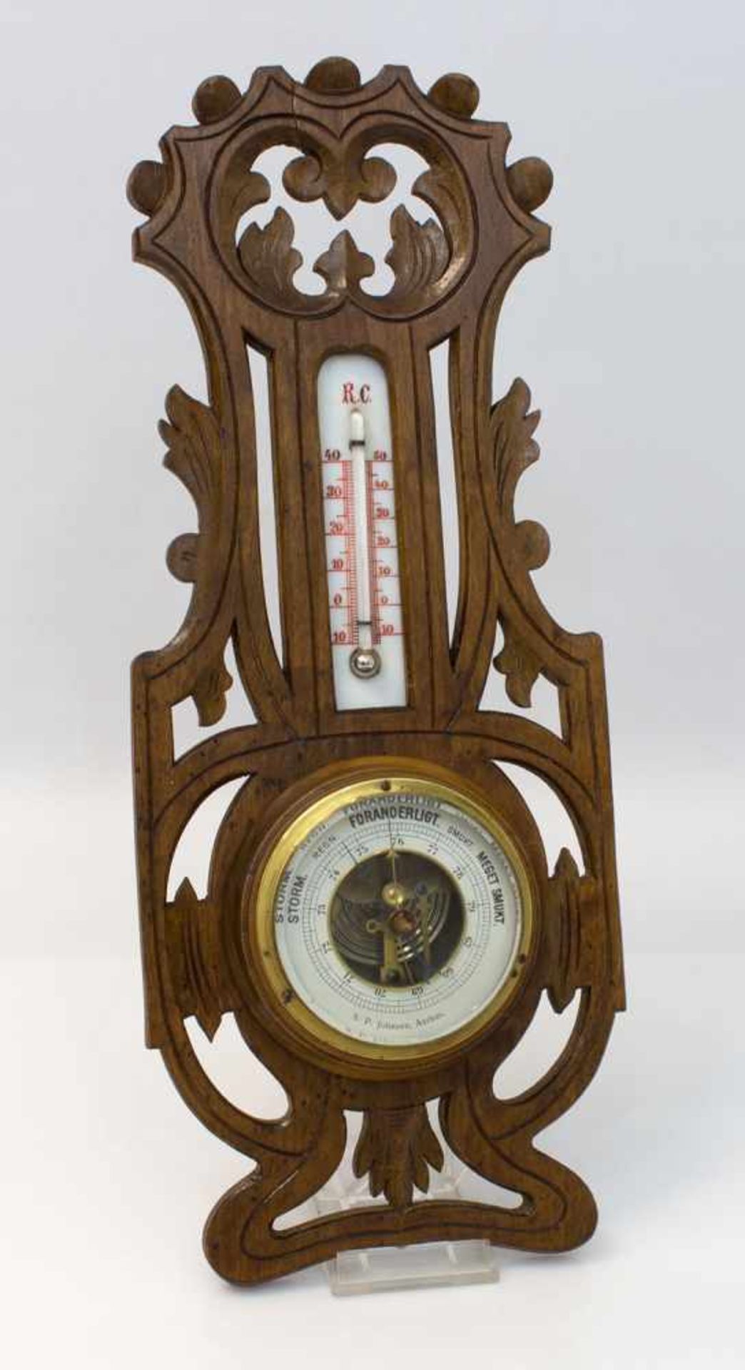 Barometer/ Thermometer S.P. Johnsen, Aarhus/ Schweden um 1900, auf durchbrochen geschnitztem