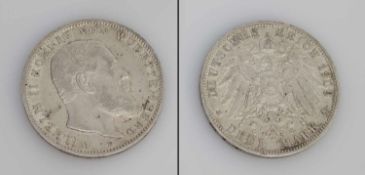 3 Mark Württemberg 1909 F, Wilhelm II., Silber