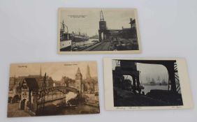 3 Ansichtskarten Hamburg um 1918, Wandrahms-Brücke/ Strand Kai/ Ladebühne