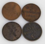 4 x 3 Pfennig Schwerin Mecklenburg 1853 / 2 x 1855/ 1864, Kupfer