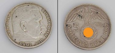 5 Mark Deutsches Reich 1937 F, Paul von Hindenburg, Silber