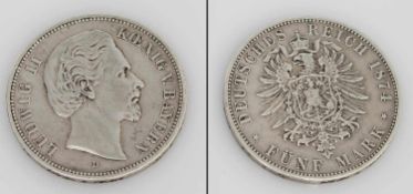 5 Mark Bayern 1874, Ludwig II., Silber