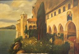 M. Arlt (Landschaftsmaler des 20. Jh.) Klosteranlage in Südlicher Seenlandschaft Öl/Leinwand, 70 x