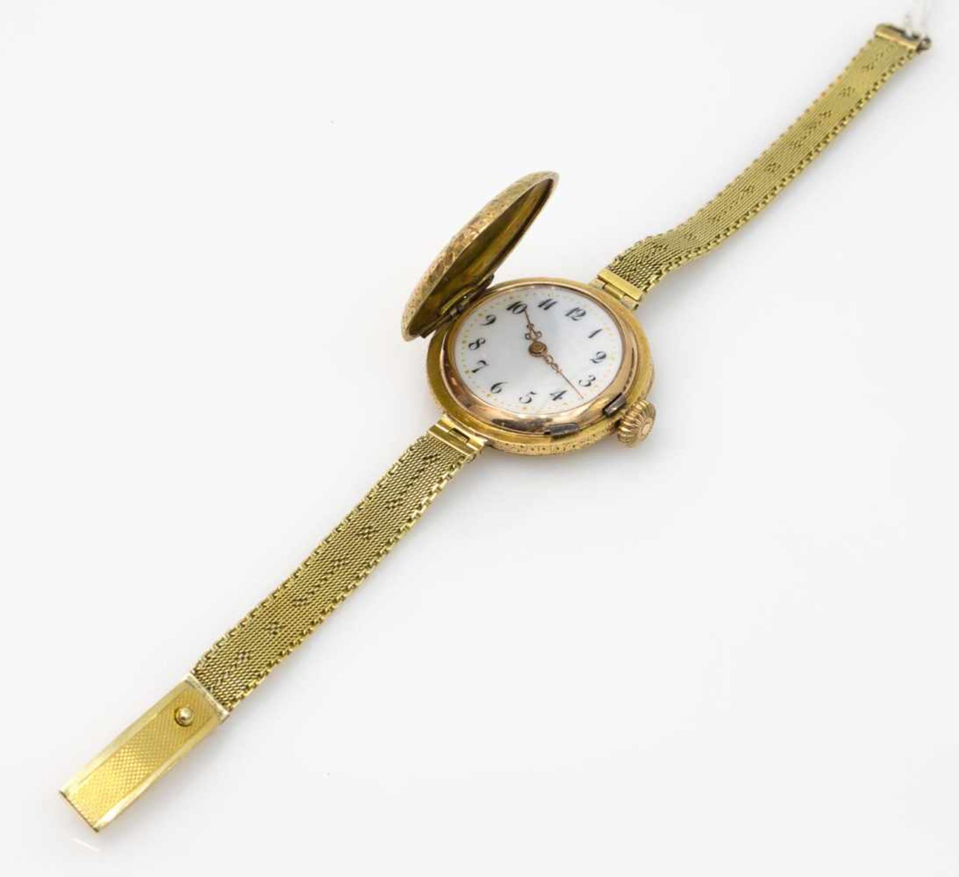 Damen Armbanduhr 585er GG, Ges.Gew. 24,8 g, Sprungdeckeluhr mit 1 Rubin und 2 Diamantrosen im