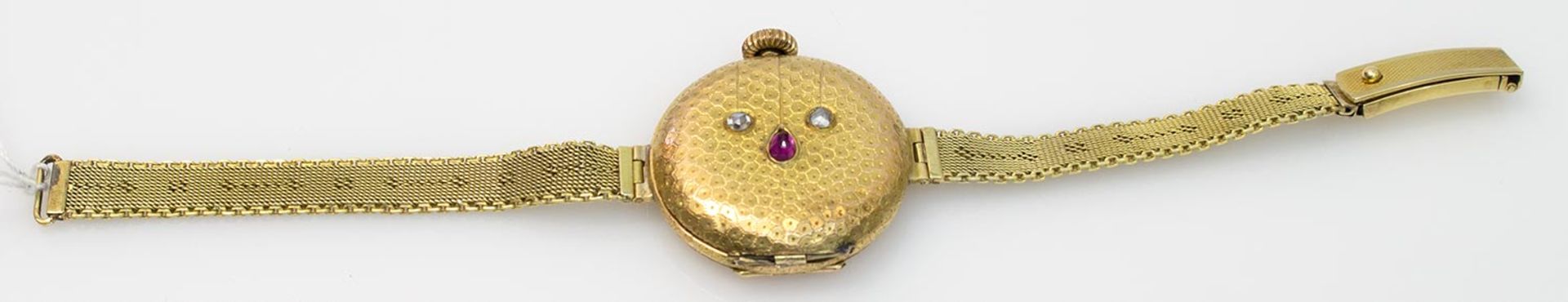 Damen Armbanduhr 585er GG, Ges.Gew. 24,8 g, Sprungdeckeluhr mit 1 Rubin und 2 Diamantrosen im - Bild 2 aus 2