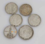 Lot Münzen Deutsches Reich 1034-39, 1 x 5 Mark, 5 x 2 Mark, Hindenburg u. Garnisionskirche, alle