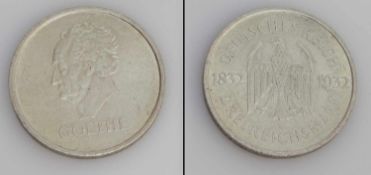 3 Reichsmark Weimarer Republik 1932 A, J.W. v. Goethe, Silber, ss-vzgl.