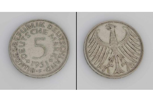 5 Mark Brd 1951 F Adler Silber Vzgl