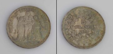 5 France Frankreich 1875 A, Herkulesgruppe, Silber, G. 25,18g, vzgl.