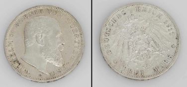 3 Mark Württemberg 1911, Wilhelm II., Silber, stgl.