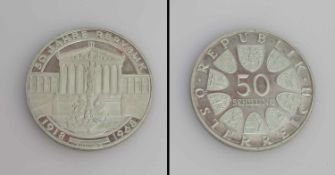 50 Schilling Österreich 1968, 50 Jahre Republik, Silber, uncirk.