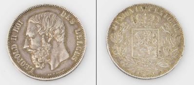 5 France Belgien 1874, Leopold II., Silber