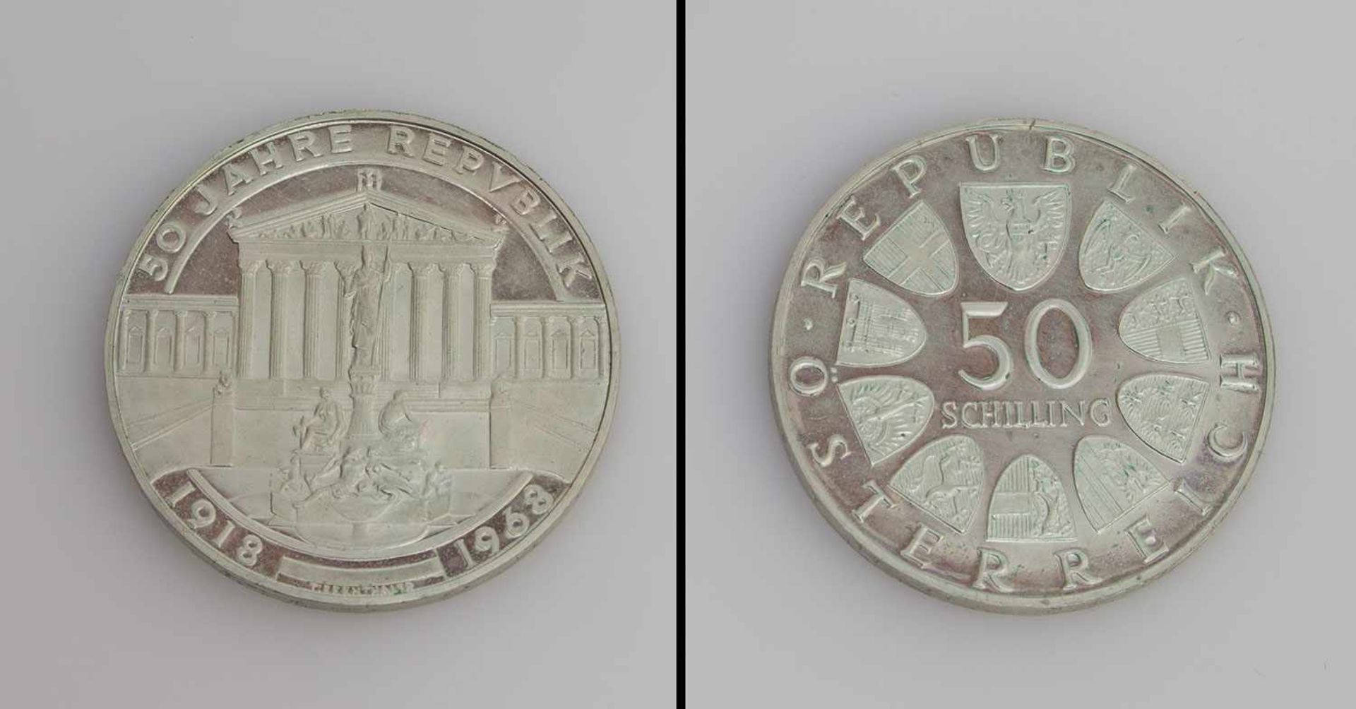 50 Schilling Österreich 1968, 50 Jahre Republik, Silber, uncirk.