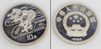 10 Yuan China 1990, Olympiade 1992/ Radsport, Silber, PP