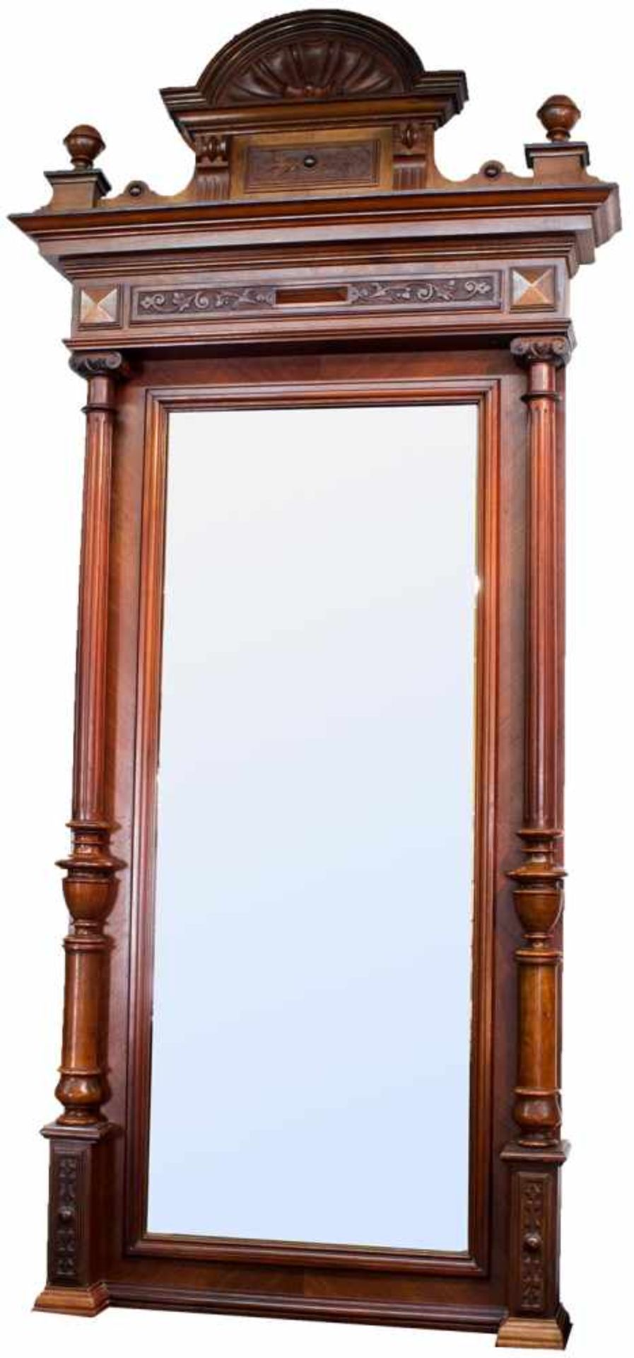 Gründerzeitspiegel um 1890, Muschelaufsatz u. 2 Vollsäulen, 200 x 78 cm Ein normaler Versand ist