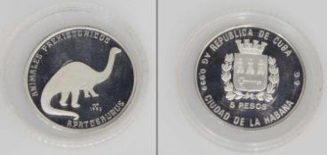 5 Pesos Cuba 1993, Apatosaurus, Silber, PP