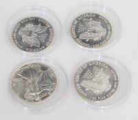 4 x 1 Dollar USA 1989 u. 1991-1993, Amerikan Eagle, je 1 Unze Feinsilber