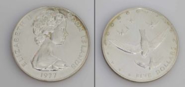 5 Dollar Cook-Islands 1977, Vögel, Silber, PP