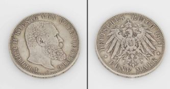 5 Mark Württemberg 1901 F, Wilhelm II., Silber