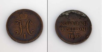 3 Kopeken Rußland 1840, Nikolaus I., Kupfer