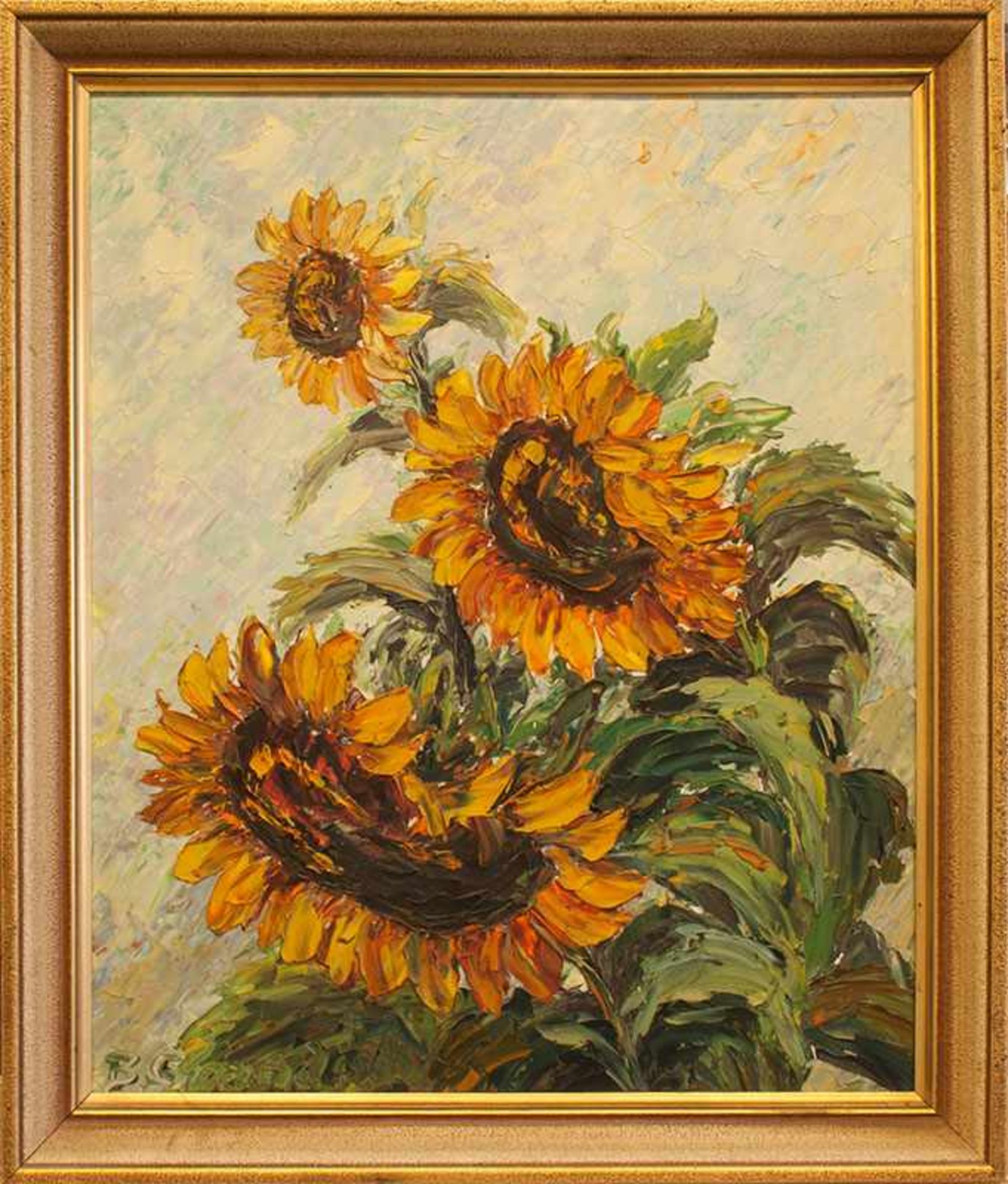 Unbekannter Stilllebenmaler des 20. Jh. Sonnenblumen Öl/Hartfaser, 58 x 47 cm, gerahmt, undeutlich