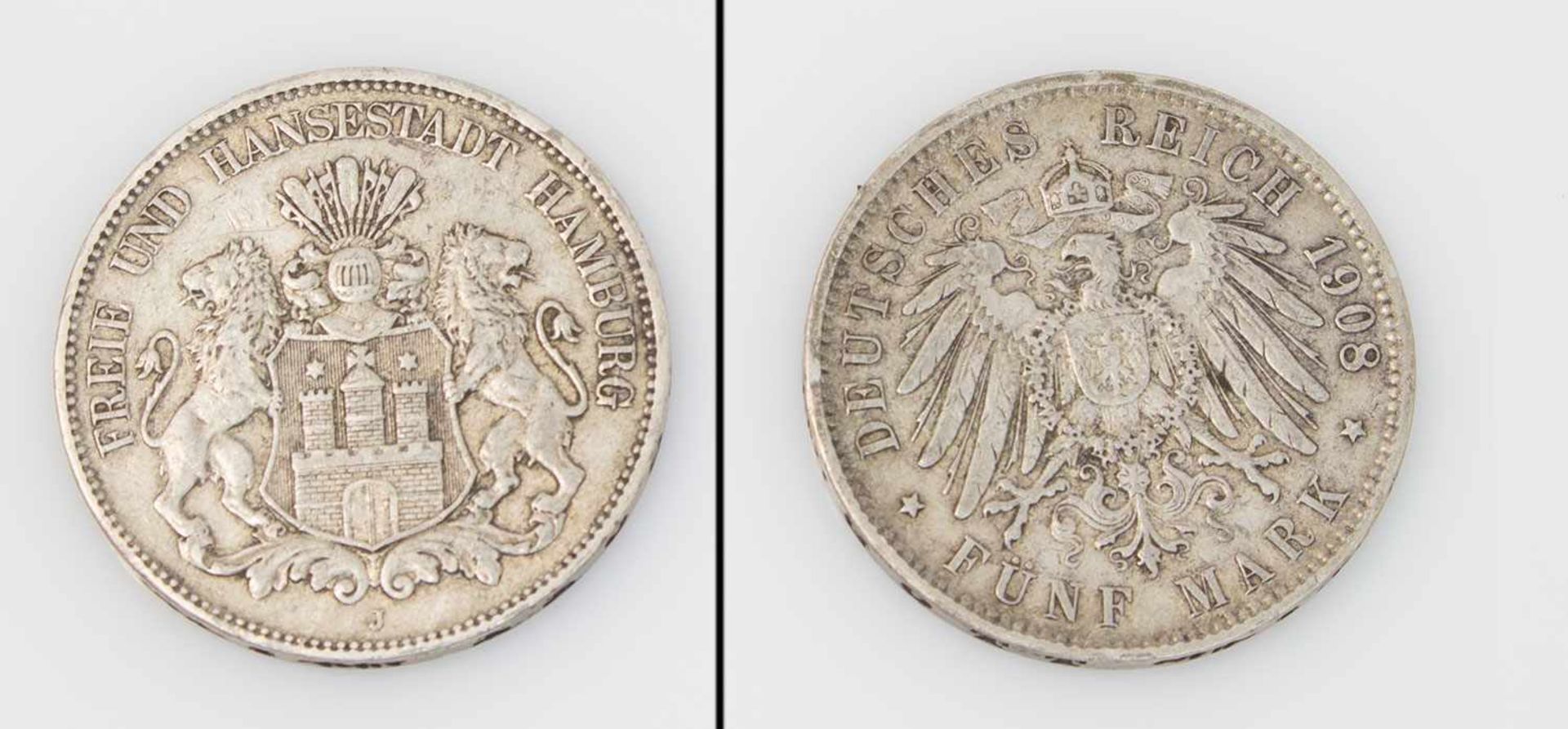 5 Mark Hamburg 1908 J, Stadtwappen, Silber