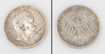 3 Mark Preussen 1908 A, Wilhelm II., Silber, ss mit Randkerbe