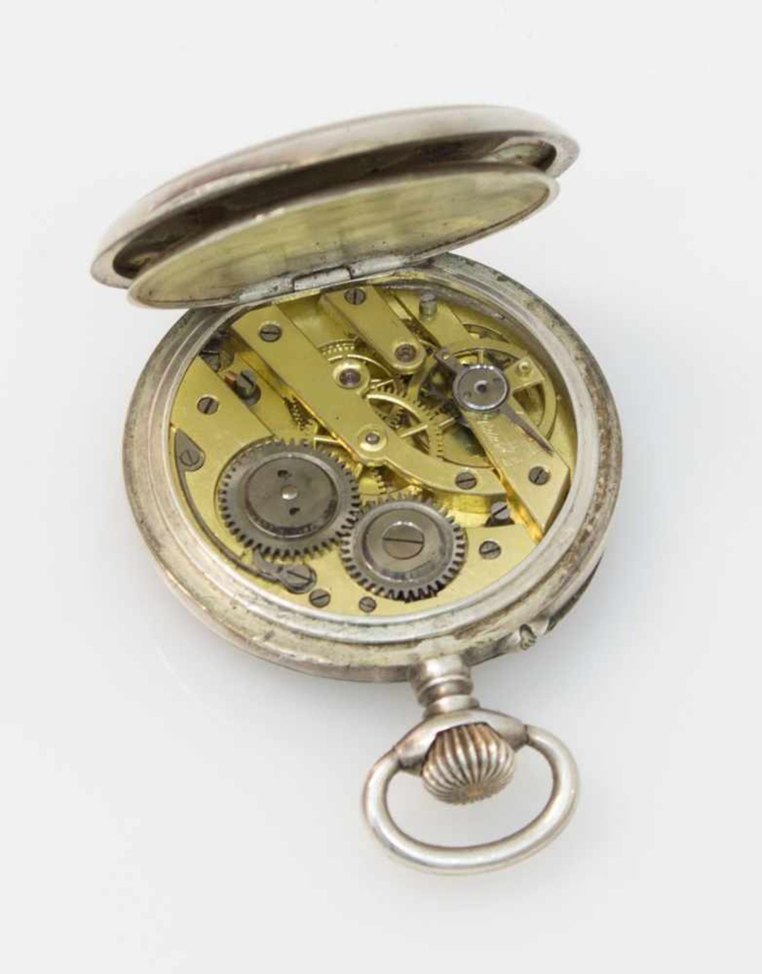 Damentaschenuhr um 1900, 800er Silbergehäuse, im Deckel gravierte u. vergoldete Symbole für " - Bild 2 aus 3