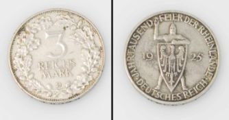 3 Mark Weimarer Republik 1925 D, 1000 Jahrfeier Rheinlande, ss-vzgl.