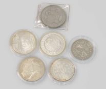 6 ECU-Münzen verschiedene Länder u. Jahrgänge, Silber