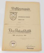 Besitzzeugnis II. WK, "Krimschild", verliehen 1942, 8. Pz. Division