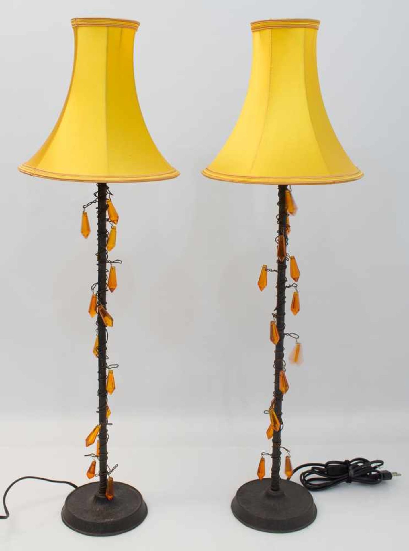 Paar Salonlampen Louise Drimmer/ Frankreich um 1940er/ 50er Jahre, Metallfuß mit bernsteinfarbenen