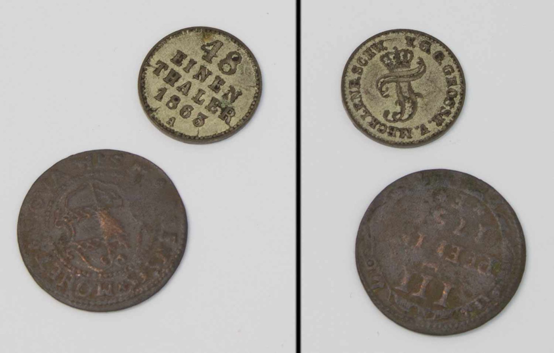 2 Münzen 3 Pfennig Wismar 1758 u. 1/48 Taler Mecklenburg 1863, Silber
