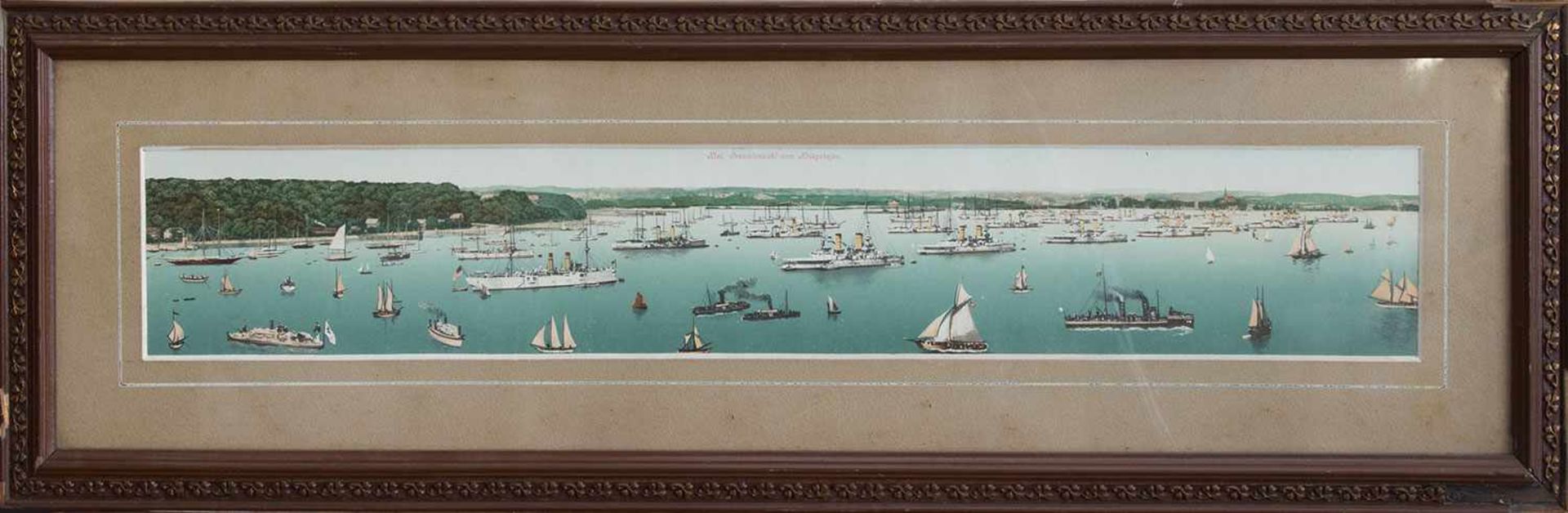 Panoramabild "Kiel, Gesamtansicht vom Kriegshafen" Farblithografie um 1880, 54,5 x 8,5 cm,