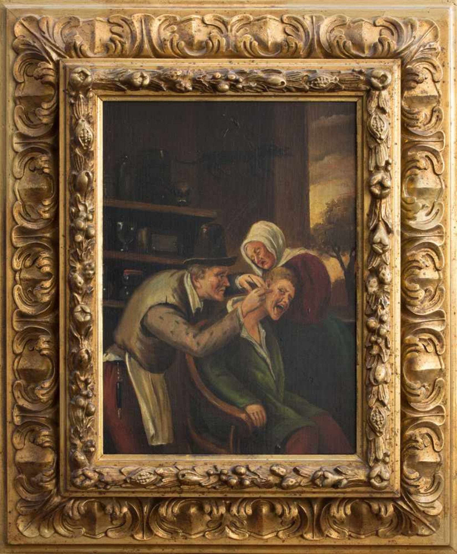 Grossmann (Genremaler des 19. Jh.) Beim Bader Öl/ Holz, 30 x 21 cm, gerahmt, unsigniert, verso