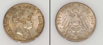 5 Mark Sachsen 1914, Friedrich August, Silber, f.-stgl.