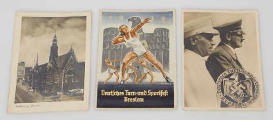 3 Propagandakarten III. Reich, "Deutsches Turn- u. Sportfest Breslau 1938"