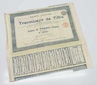 Anleihe "Sociètè Anonyme des Tramways de Tiflis", 1915 über 50 Francs, mit Coupons