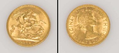 1 Souvereign Großbritannien 1958, Königin Elisabeth, Gold