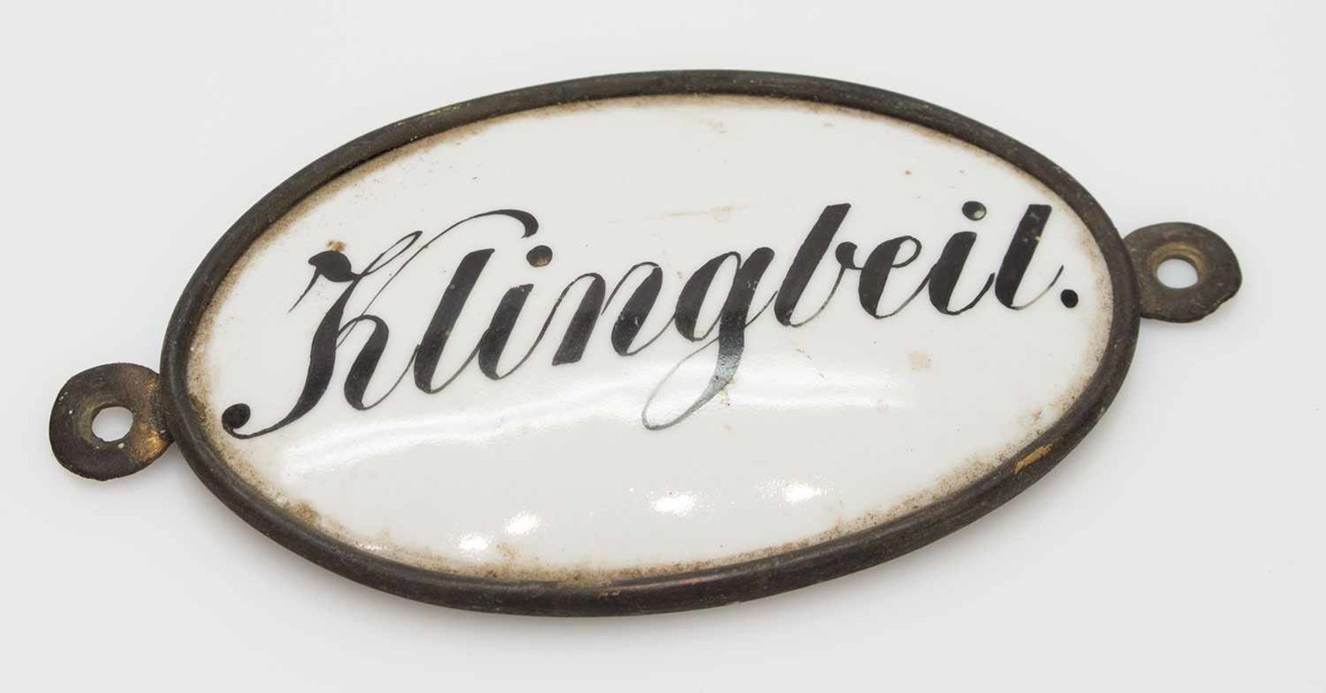 Türschild antikes Porzellantürschild in Metallfassung, handgeschriebener Name "Klingbeil", 12 x 6,
