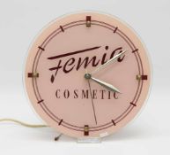 Reklameuhr "Femia Cosmetic" (seit 1932, heute in Aachen), Herst. Halux Flensburg um 1950er Jahre,